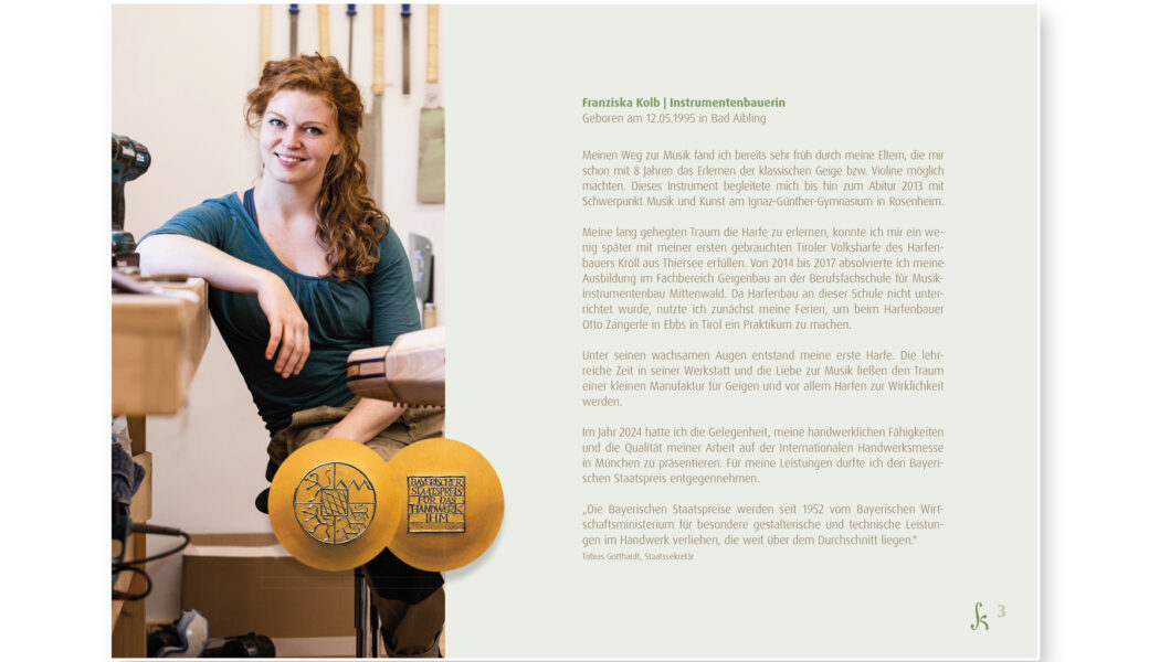 Eine Seite aus der Imagebroschüre der Instrumentenbauerin Franziska Kolb